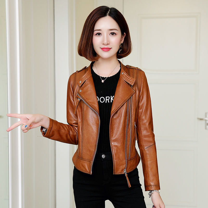 574Y946 Spring and Autumn Women's Jacket Leather Short Sheepskin Slim Fit and Slimming Motorcycle Suit Wholesale and Customization