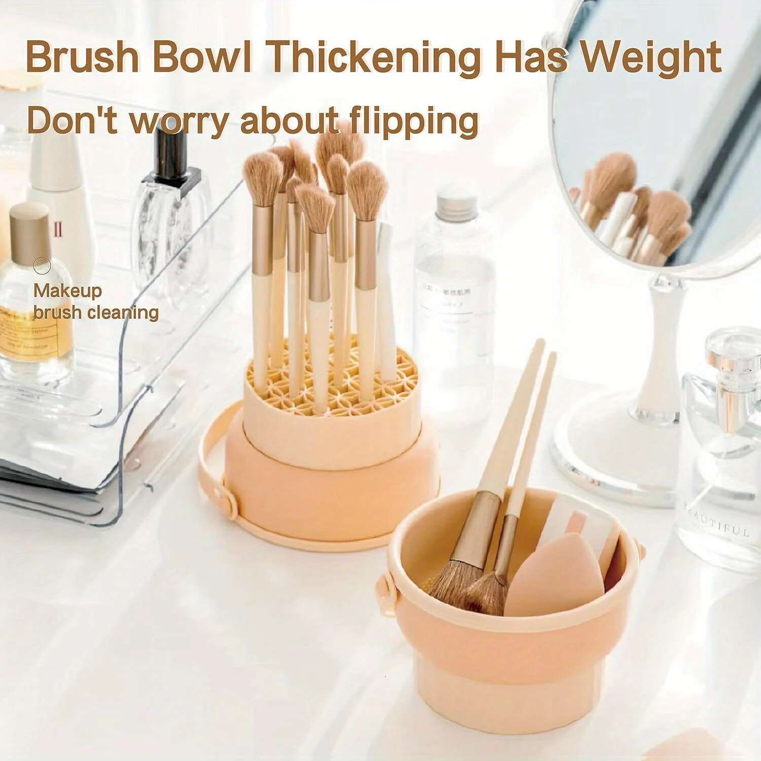 2-Piece Set - Pad Cleaner, 3-in-1 Silicone Brush Cleaning Bowl and Gray Makeup