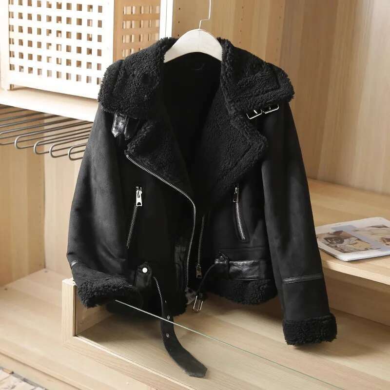 RARF Winter Women Thick Warm Suede Lamb Jacket Short Motorcycle Brown Coats Faux Shearg Sheepskin Leather Jackets Outwear
