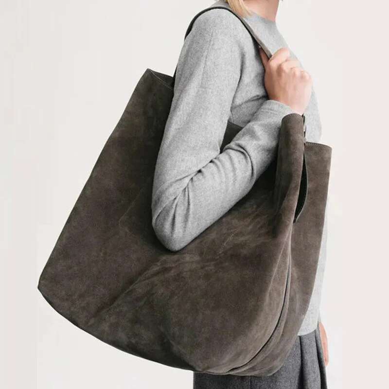 Donna-In Natural Suede Casual Tote Plus Size Genuine Cowhide Bucket Bag With Adjustable Shoulder Strap