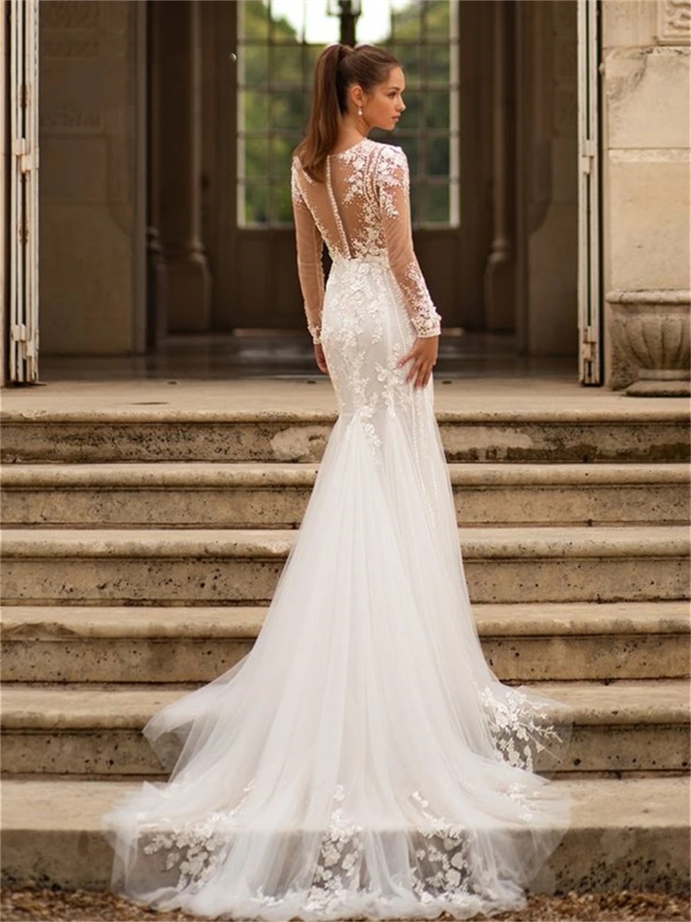 Mermaid Wedding Dress with Jewel Neck, Long Sleeves, Appliques & Detachable Train - Customized 2024