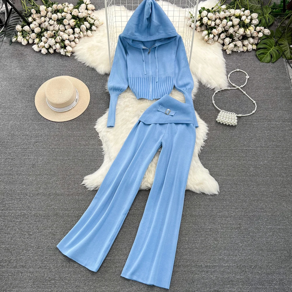 REALEFT Autumn Winter 2 Pieces Womens Sets Knitting Tracksuit Zipper Hooded Sweater and Wide Leg Pants Suits 250106