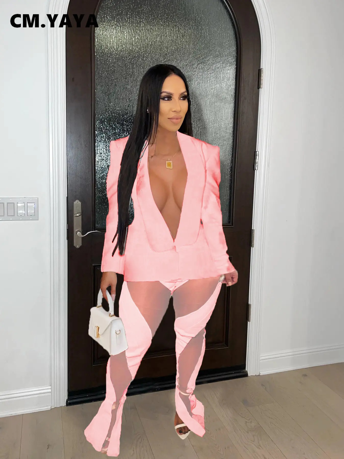 CMYAYA Elegant Women Two 2 Piece Set Outfits One Button Blazer Top and Mesh Patchwork Slit Flare Pants Suit Street Tracksuit 250106