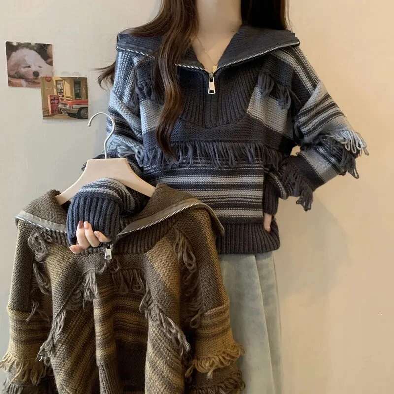 New Women's 2023 Autumn/Winter Elegant High Collar Stripe Tassel Ladies Knitted Pullover Loose Temperament Femme Sweater