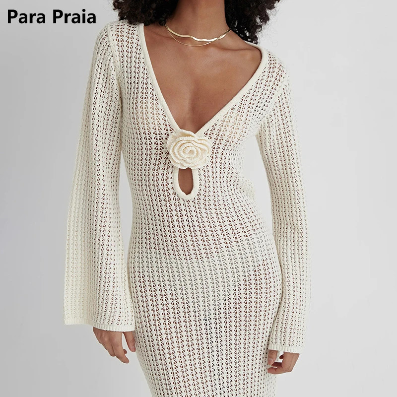 Para Praia Hollow Out Knitted Long Dress Beach Bikini Cover Swimwear Ups Sexy Outfits for Women Beachwear 250106