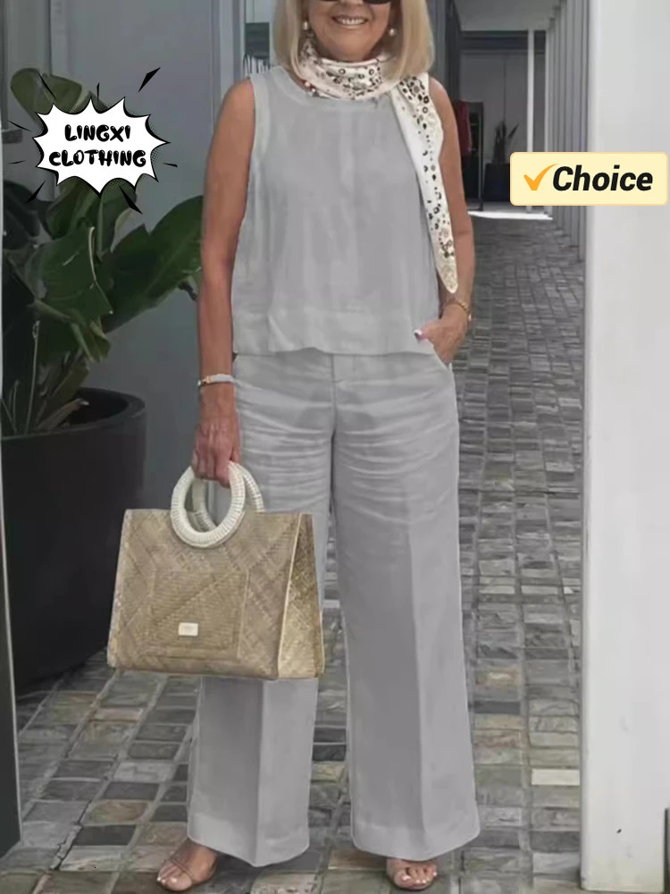 Summer Fashion Womens Matching Collection Round Neck Sleeveless Top High Waist Wide Leg Pants Casual Two Piece Set 250106