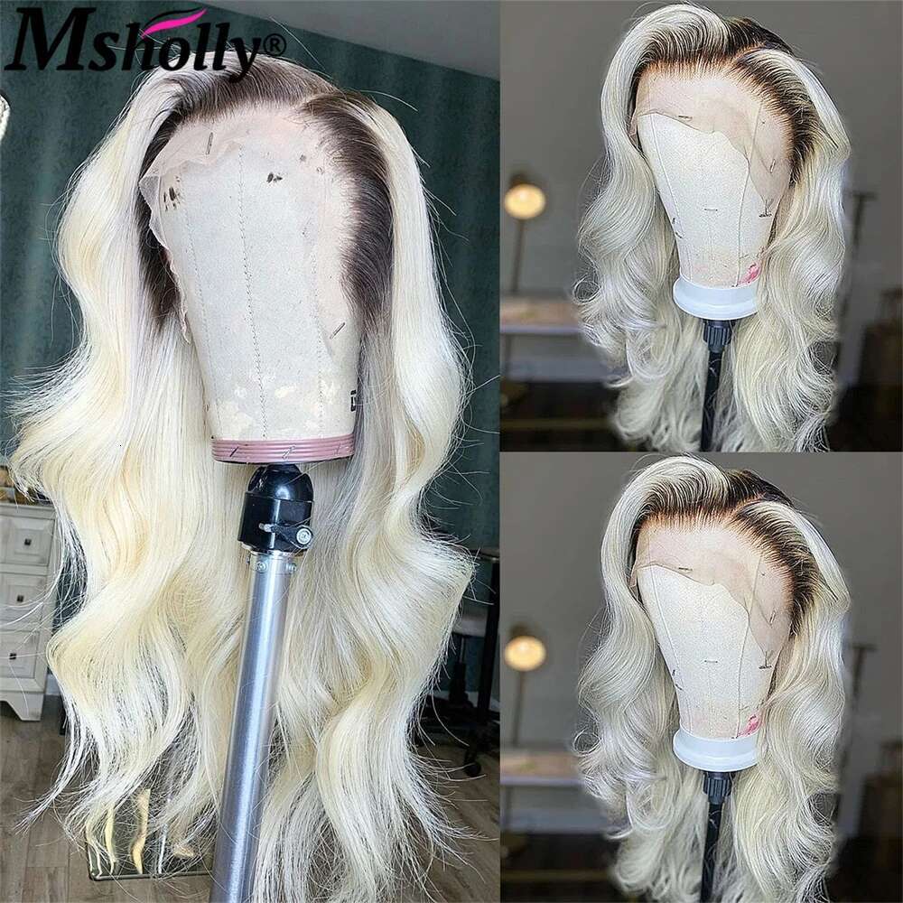 Highlight Platinum Blonde Body Wave Lace Front Wigs With Dark Roots Pre Plucked 180% Density Free Part Wig Human Hair