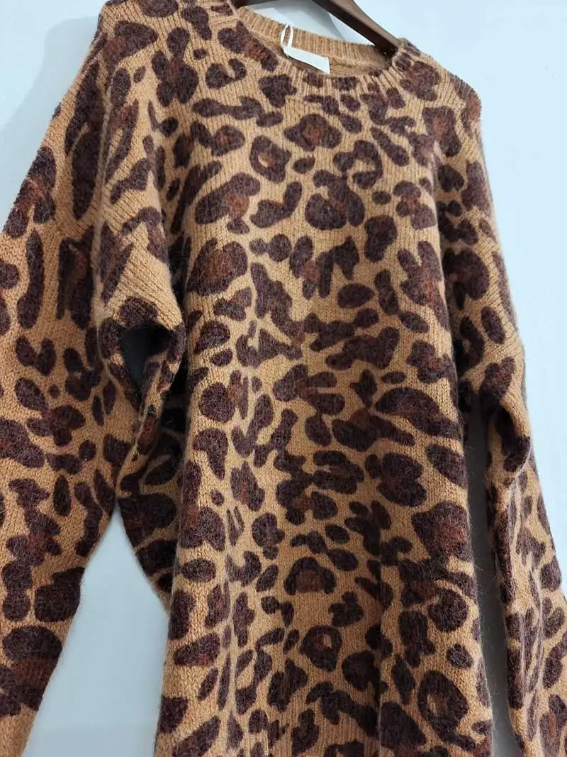 leopard print knitted sweater women long sleeve round neck streetwear autumn winter wool blend warm jumper female 250108
