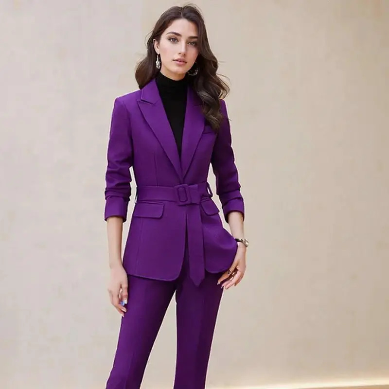 Elegant Fashion Lace Up Blazer Sets for Women 2 Pieces Autumn Chic Casual Long Sleeves Flare Pant Female Clothing Suit 250109