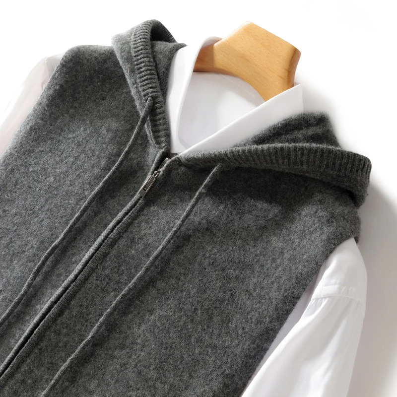 100 Wool Vest For Men VNeck Knitted Pullover Autumn and Winter Casual Mens hooded Waistcoat Solid color Tops 250107