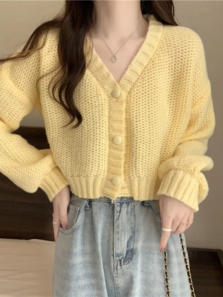 EVNISI Women Slim Sweater Cardigan V-Neck Button Up Casual Solid Knitting Sweater Coat Sweet For Women Cardigan Coat Autumn 250106