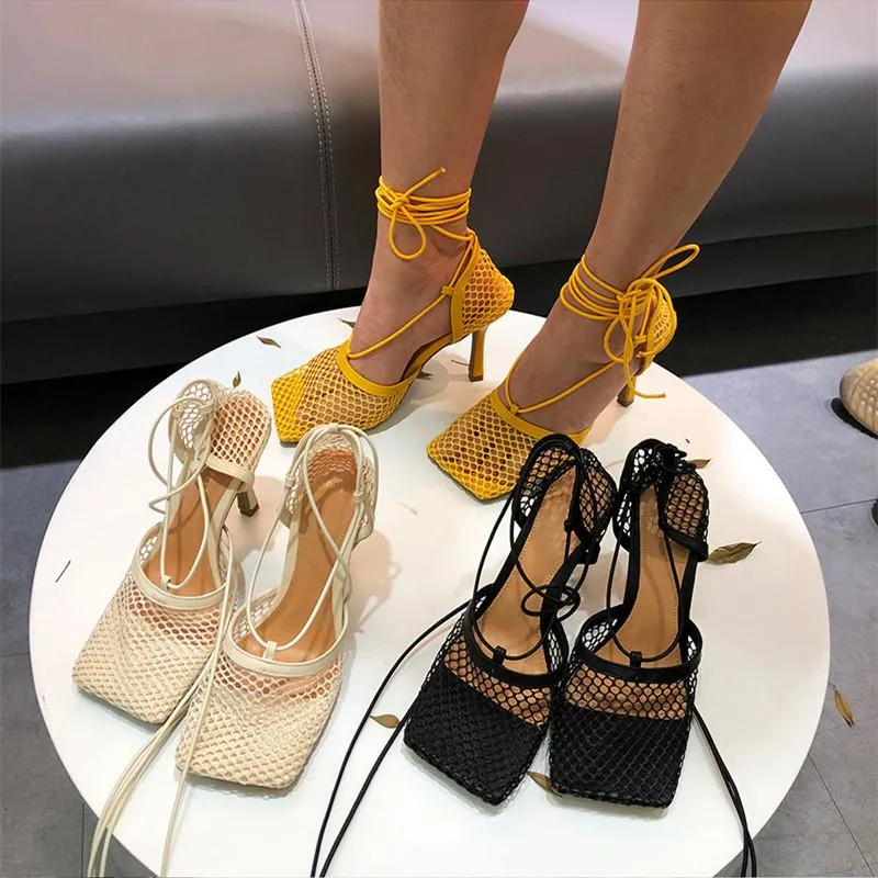 Summer Fashion Women's Square Toe Mesh Sandals Elegant Fishnet Design with 9cm High Heels