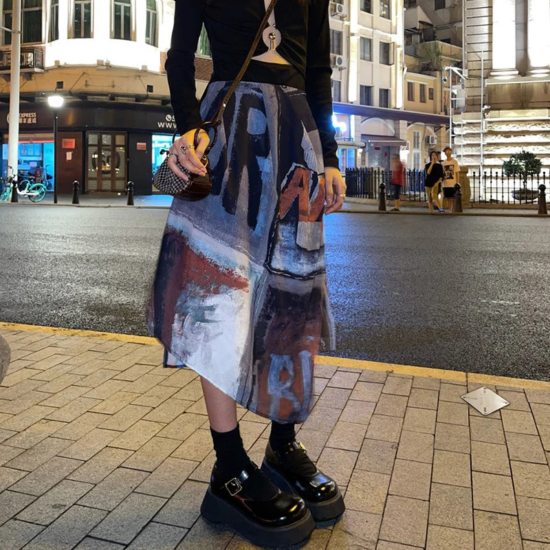 MEXZT Punk Midi Skirt Women Streetwear Graffiti Print Irregular Skirts Harajuku Gothic Korean Fashion High Waist A Line 250106