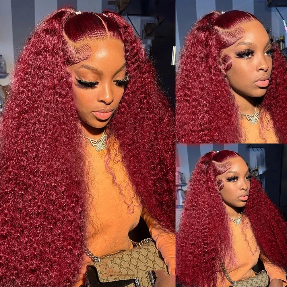 13x4 Lace Front Wine Red Deep Wave Wig glueless preplucked Long Natural Curly Wigs Heat Resistant Fiber Look Like Human Hair