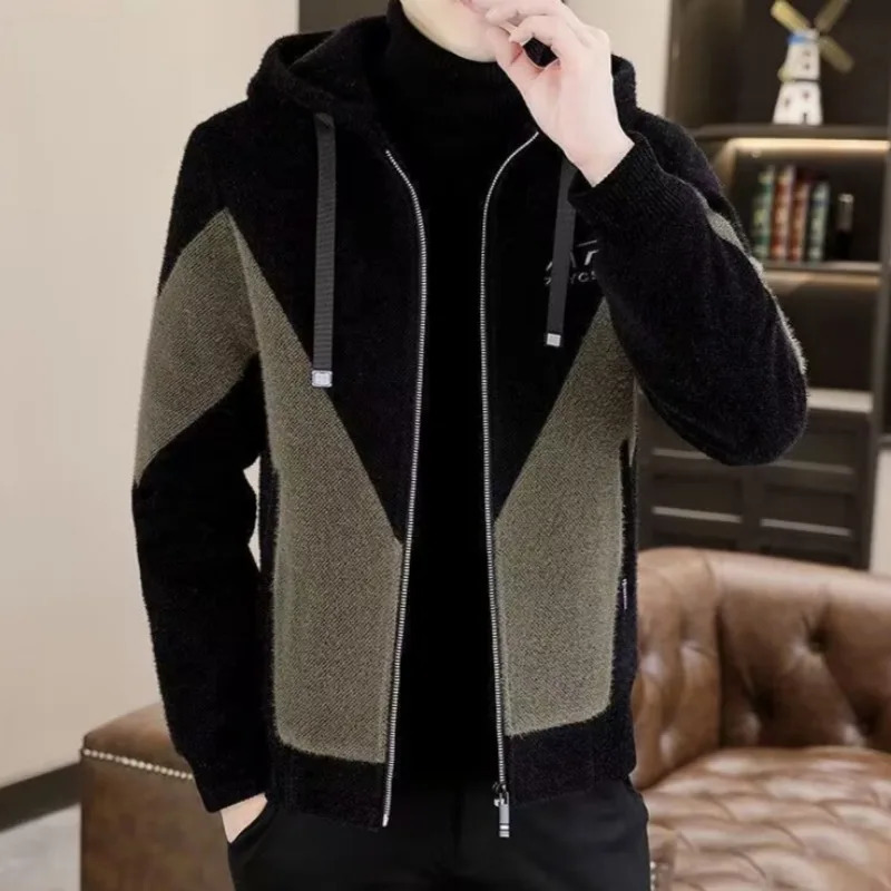 Man Coat Lamb Wool Jacket Elegant Office Store Winter Outwear Hooded Windbreaker Color Blocked Loose Thicken Warmth Top Trend 250106