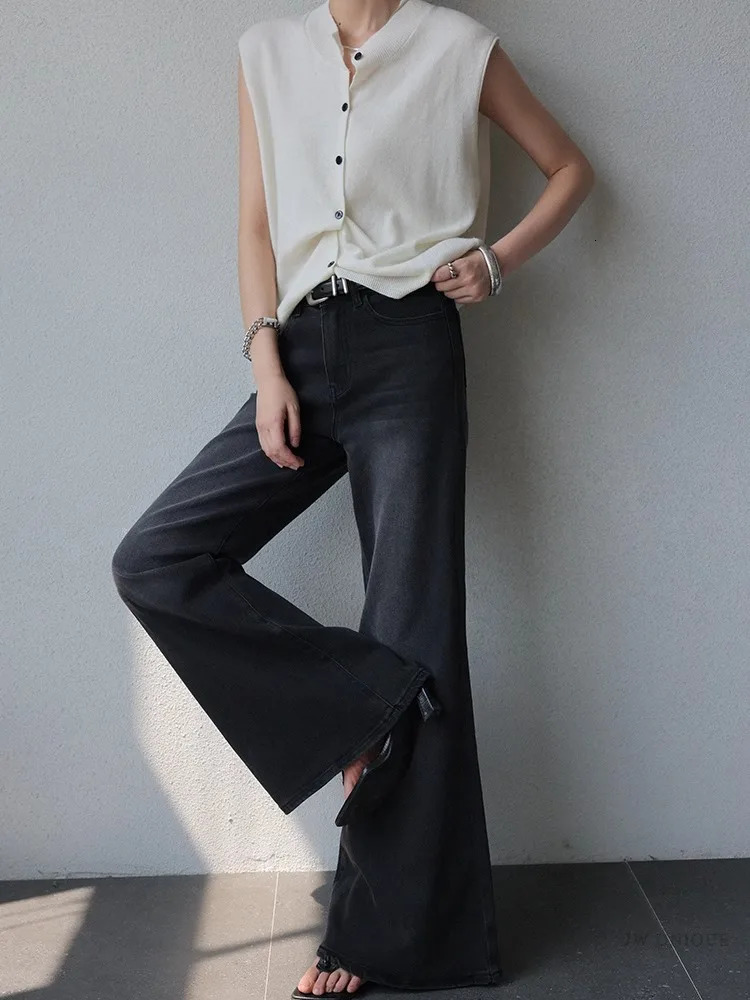 Minimalist Black Micro Flared Jeans For Women In Spring And Autumn Slim Fit With Wide Legs Fashionable Floor Length Pants 250106