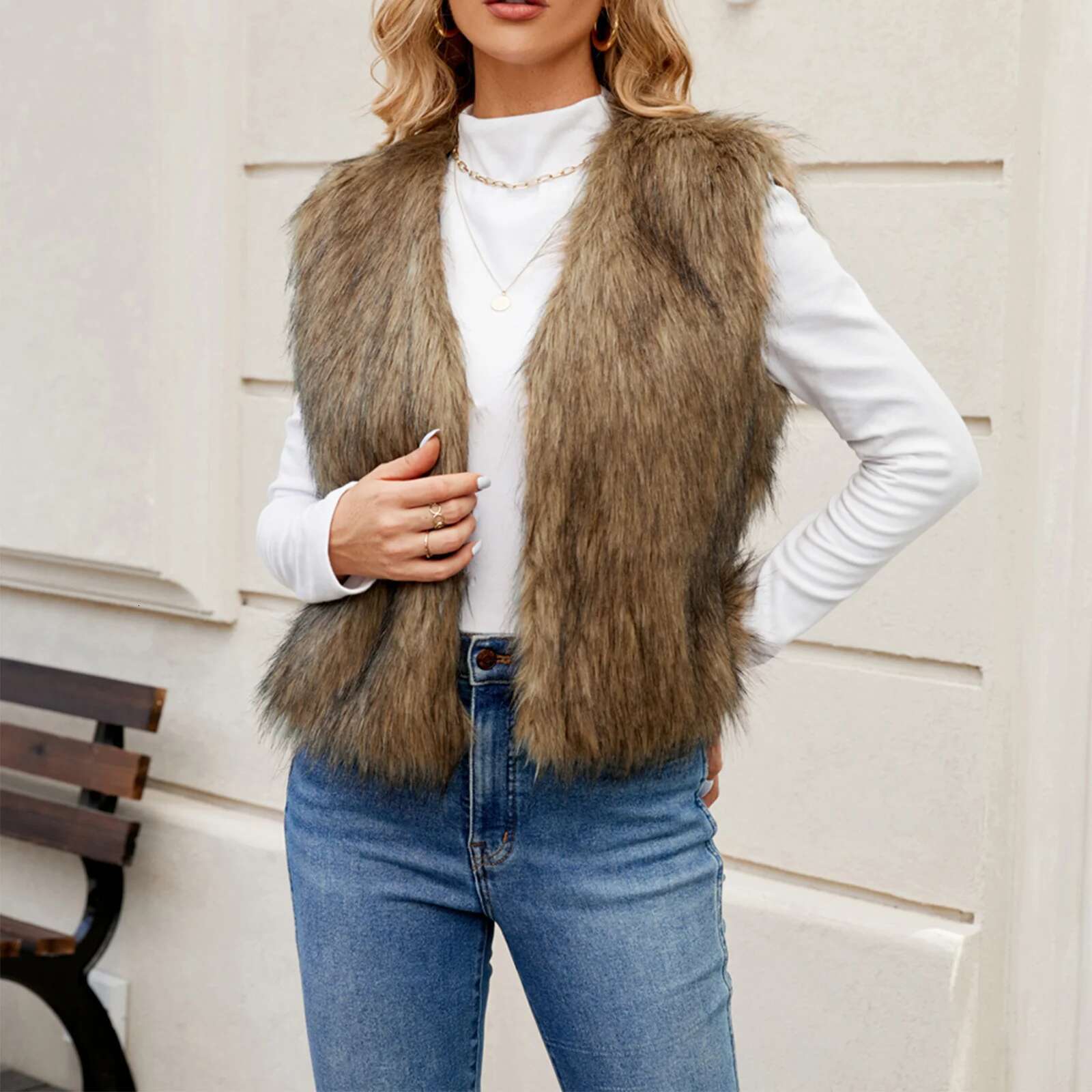 Women Open Front Jackets Outwear Gilet Streetwear Fashion Solid Color Sleeveless Faux Fur Vest