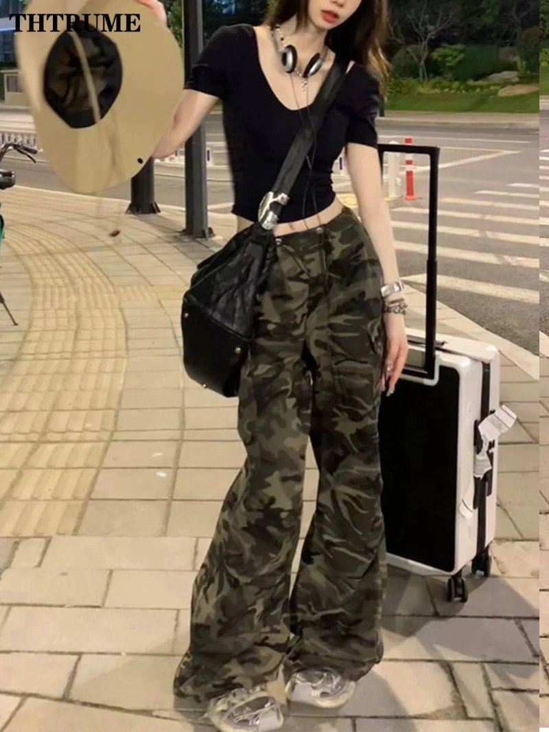 Spring High Waist Drawstring Cargo Pants Fashion Women Pocket Oversized Baggy Pant Casual Streetwear Camouflage Retro Trousers 250108
