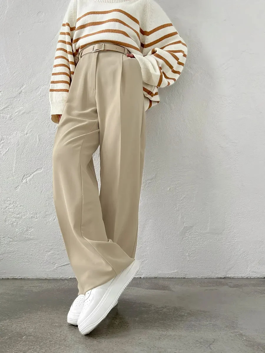 Bornladies Autumn Office Ladies Trousers Women High Waist Pants Pockets Female Summer Pleated Wide Leg Solid OL 250108