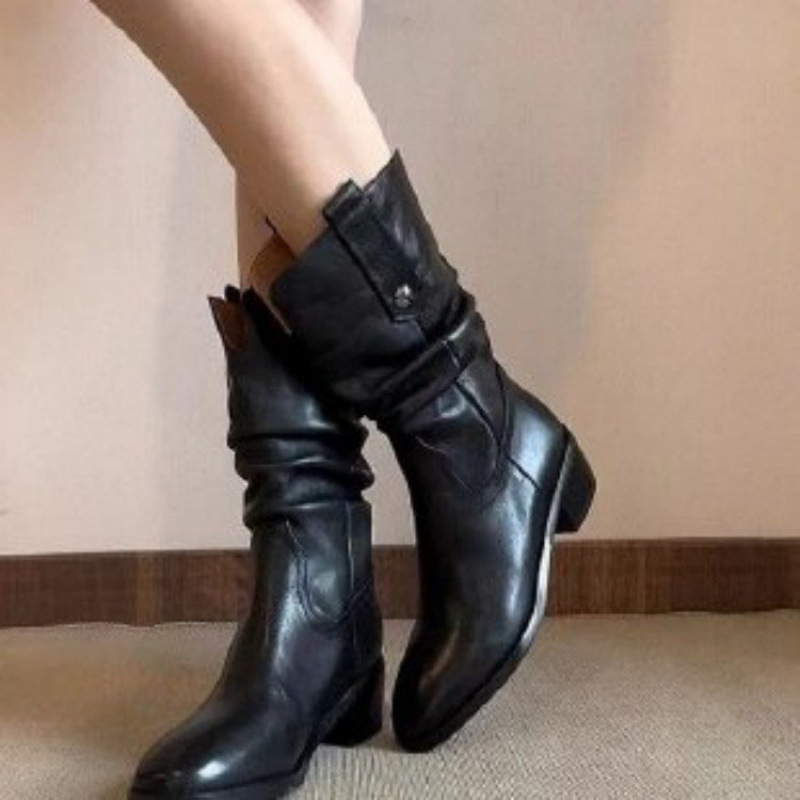 Retro Western Cowboy Boots Autumn/Winter New Round Head Thick Heel Stacked Boots Long Leg Knight Boots British Style Boots