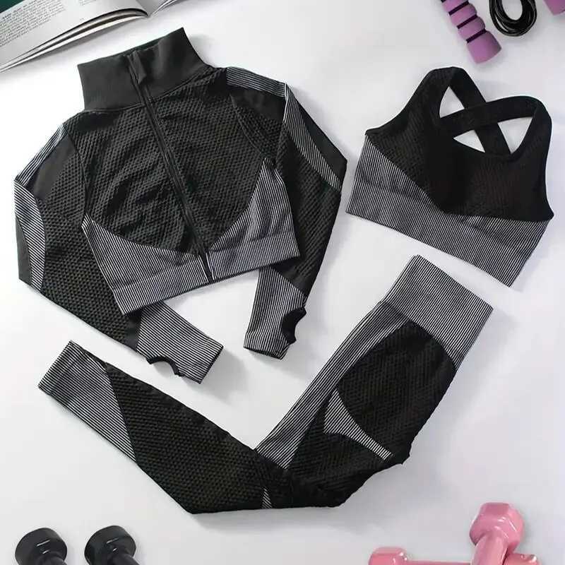 Womens Fitness 3-Piece Breathable Long-Sleeved Jacket Hollowed-Out Sports Bra High-Waisted Leggings Sports Yoga SuitXJ250109