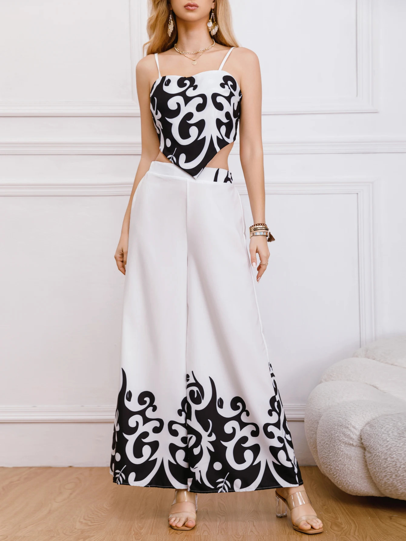 Summer Print Womens Two Pece Suits Fashion Casual Irregular Hem Backless Camis TopsNinepoint Wide Leg Pants Sets 250106