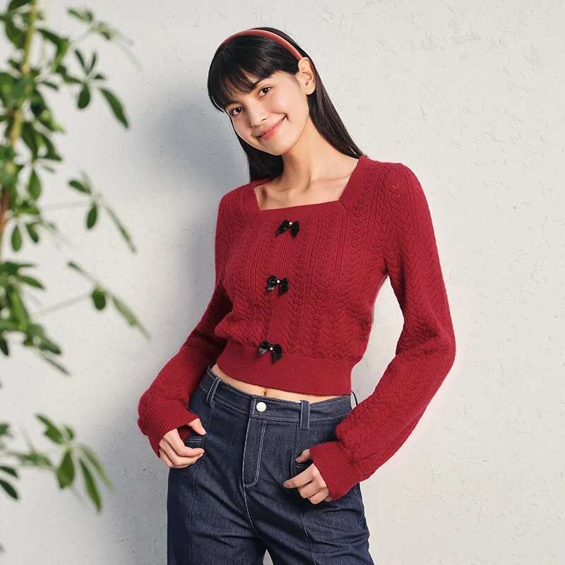 2024 Sweater Women Short Square Neck Bow Sweet Girly Spring New Gentle Slim Textured Top