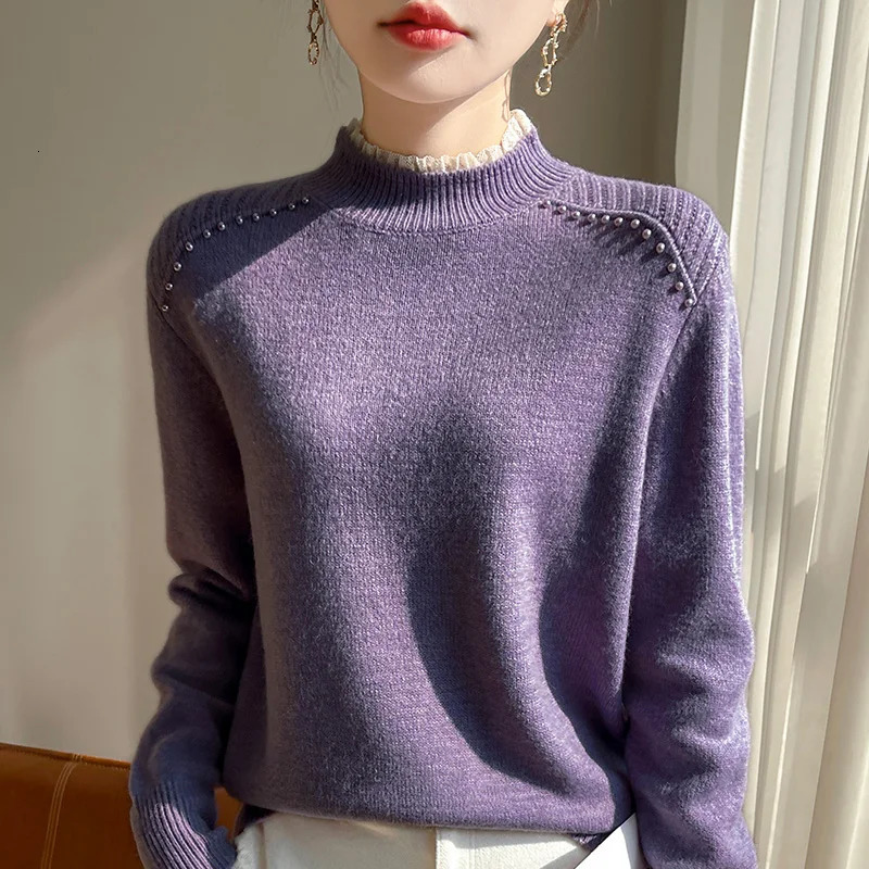 Women semi high neck sweater autumnwinter fine spun wool casual nail bead knitting Tops womens lace splicieng Blouse versatil 250108