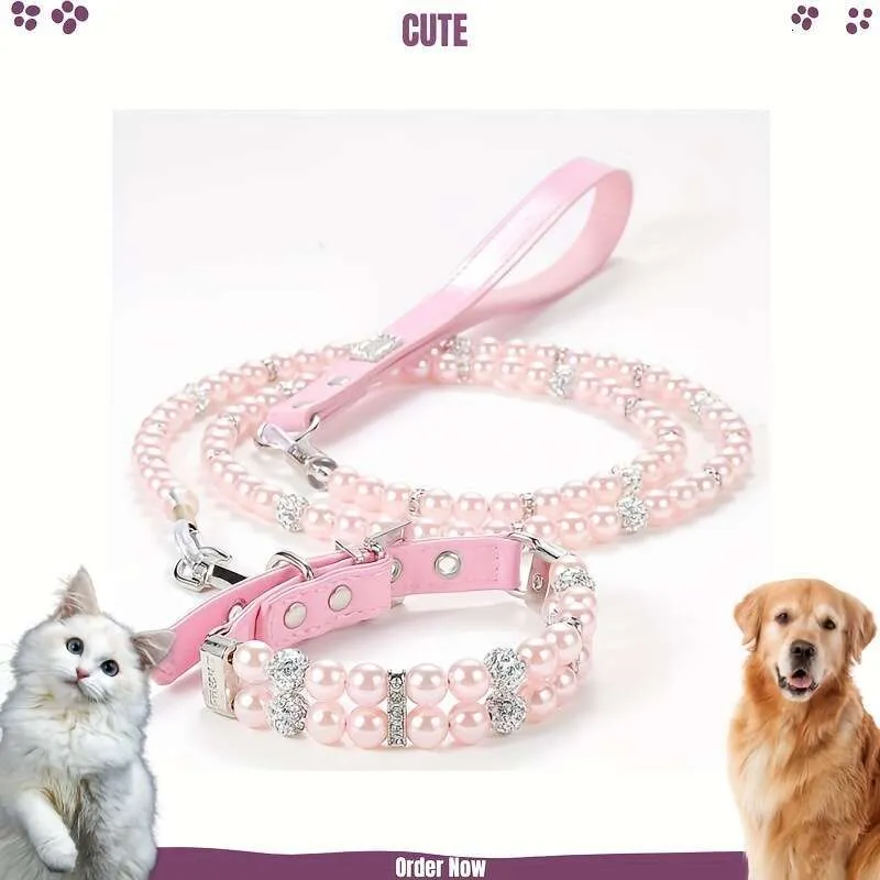 Luxurious Pink Bling Jewelry Collar And Leash Set Dogs Elegant Charming Accessory For Cats & Pets