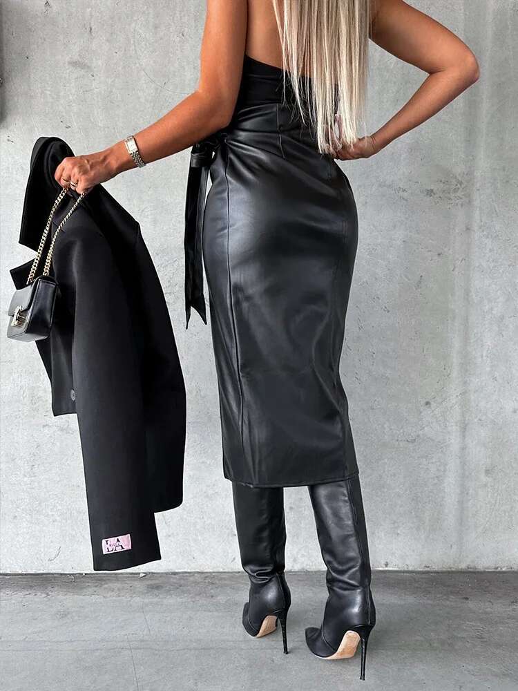 2024 Autumn Winter Sexy Midi Leather Skirts Solid Black High Waist Office Pencil Slit Women Bodycon Lace Up Skirt