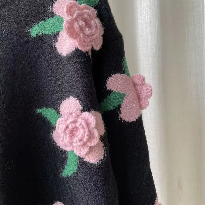 Casual Sweater Female Cardigan Women Loose Outer Coat Long Sleeve 3D Flower Round Neck Knitted 250108