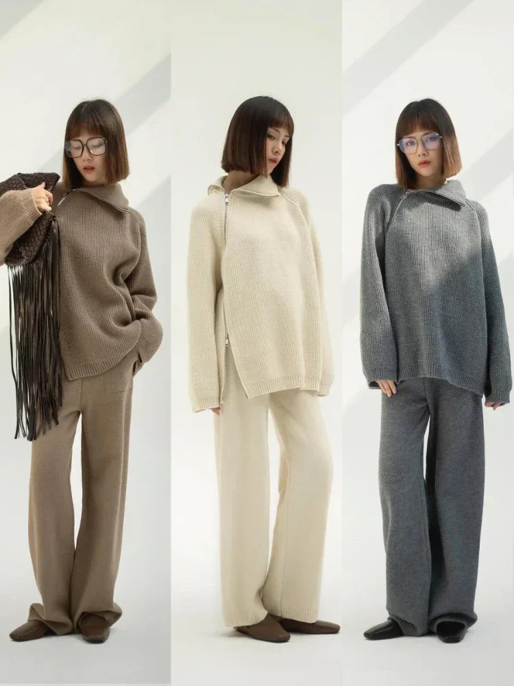 Autumn Knitted Two Piece Set Women Zipper Sweaters and Wideleg Pants Suit Solid Highneck Pullover Sets for 2 Pieces 250106