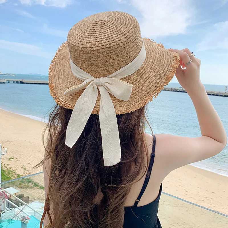 Bow ribbon straw hat bra wide eaves soft top sun hat summer sun hat Fem vacation beach accessories X250109