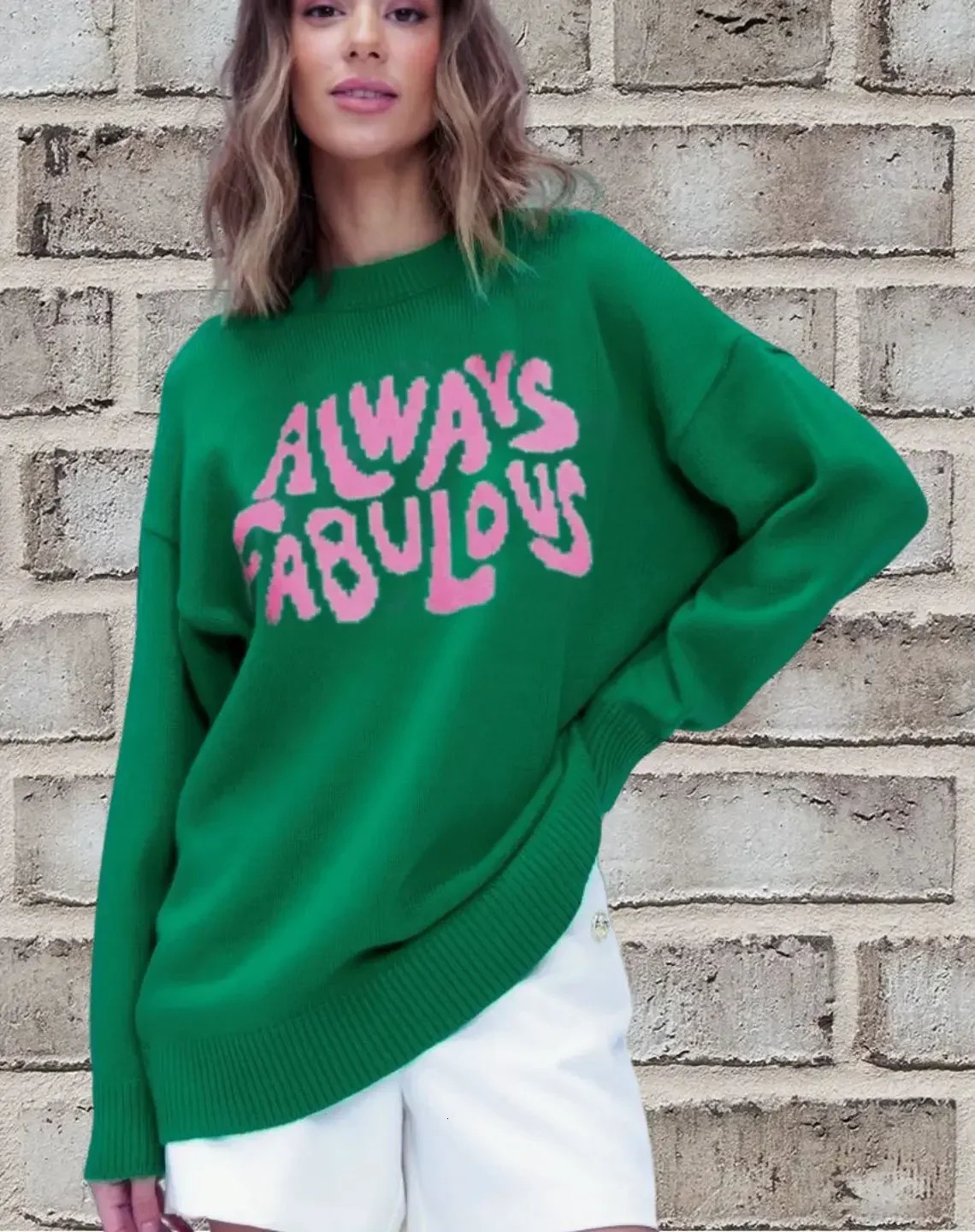 Autumn Winter Green Sweater Women Simple Pullover Knit Elastic Jumper Thick PINKY Warm Y2k Letter Streetwear Jacquard Jumpers 250108