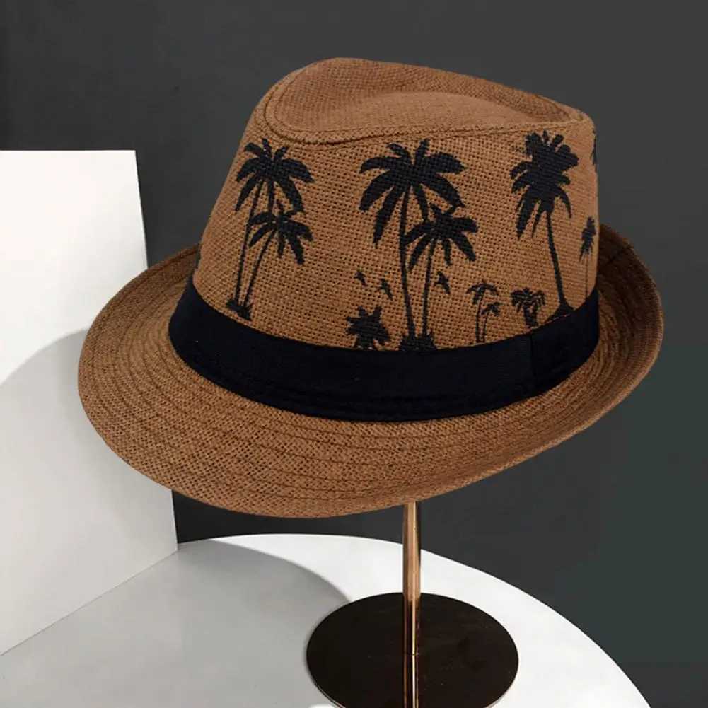 Mens beach hat breathable short Brim tree print contrasting color flat top sunshine lightweight outdoor travel jazz suit X250109