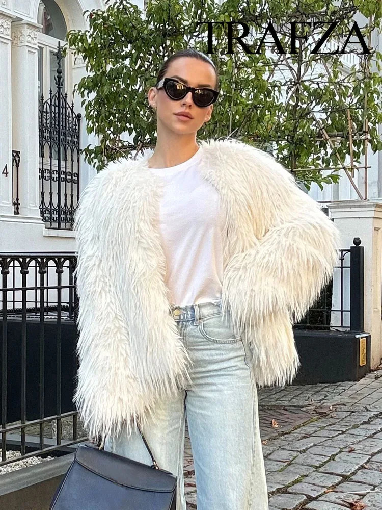 TRAFZA 2024 Womens Winter Street Short Faux Fur Casual Jacket Fashion Solid Color ONeck Long Sleeve Loose Thick 250103