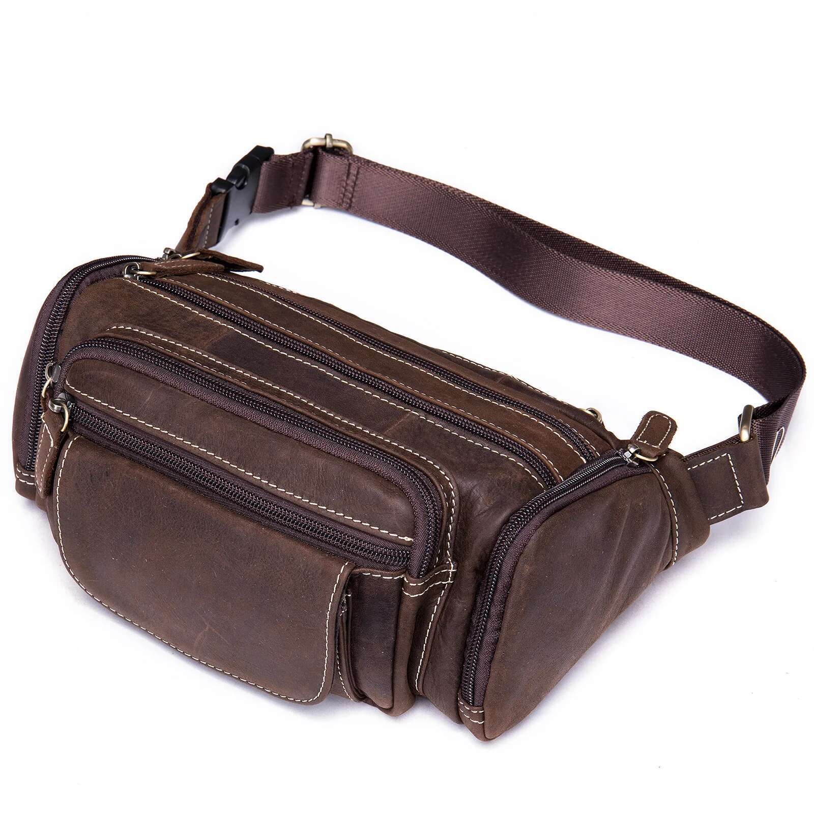 Leather Retro Large-Capacity Outdoor First Layer Cowhide Men's Fanny Pack, Shoulder Messenger Bag