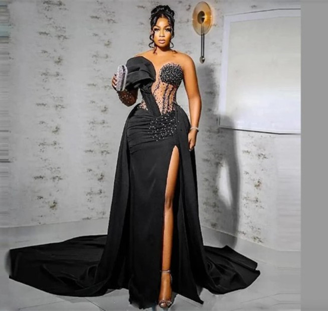 Arabic Aso Ebi Black Mermaid Prom Dresses Overskirts Satin Sheer Neck Lace Beaded Formal Ocn Evening Gowns Sexy Side Slit Ruched Second Reception Dres