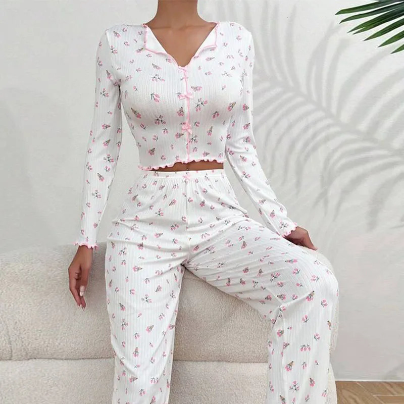 Women Floral Print Pajama Sets Long Sleeve ShirtsPants Female Casual Home Clothes Spring Autumn Sleepwear Bow Nightwear Suits 250106