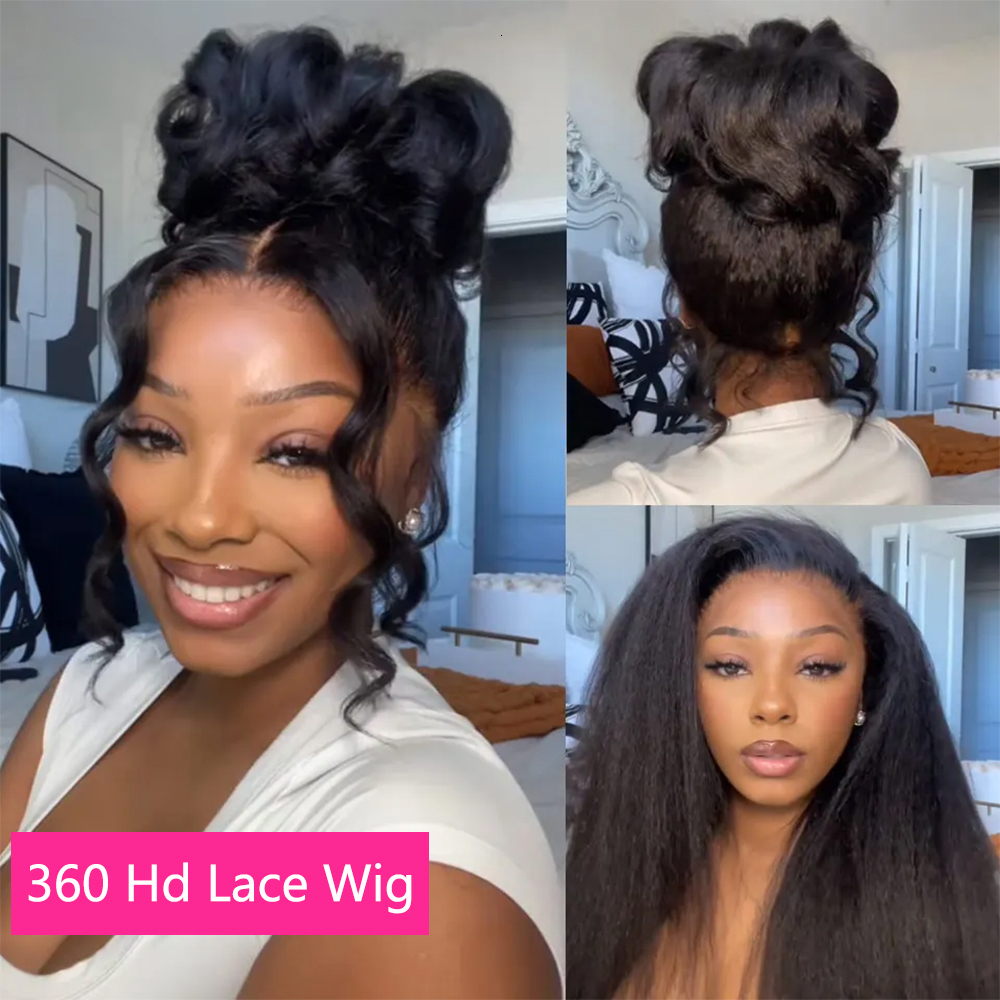 200% Kinky 360 13X6 HD Lace Frontal Wigs Black Ponytail Human Yaki Straight 7X5 Glueless Raw Hair Wig