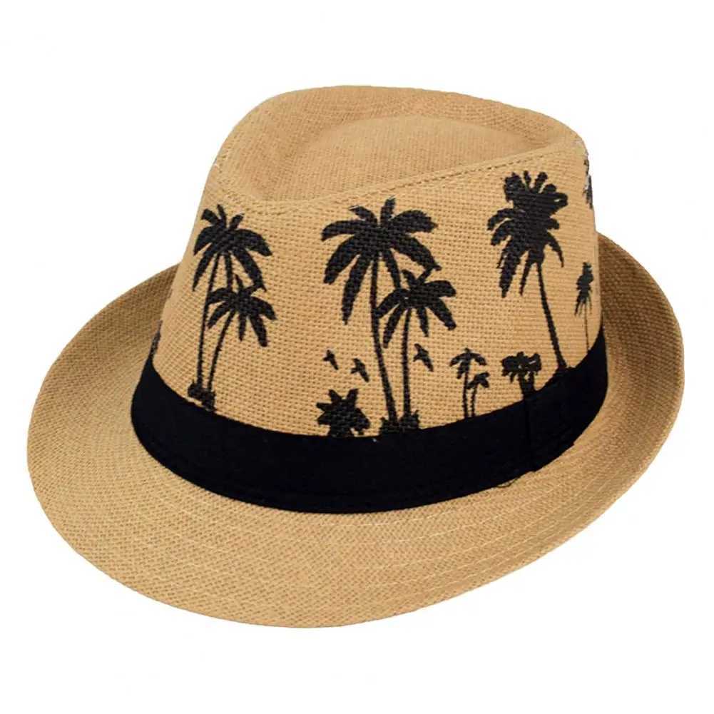 Mens beach hat breathable short Brim tree print contrasting color flat top sunshine lightweight outdoor travel jazz suit X250109