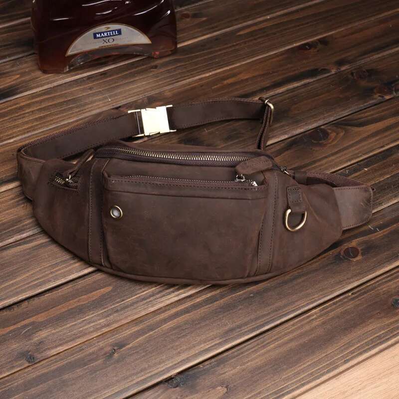 Crazy Horse Men Baotou Layer Cowhide Mobile Phone Fanny Pack Large Capacity Sports Diagonal Chest Bag Men's Leather