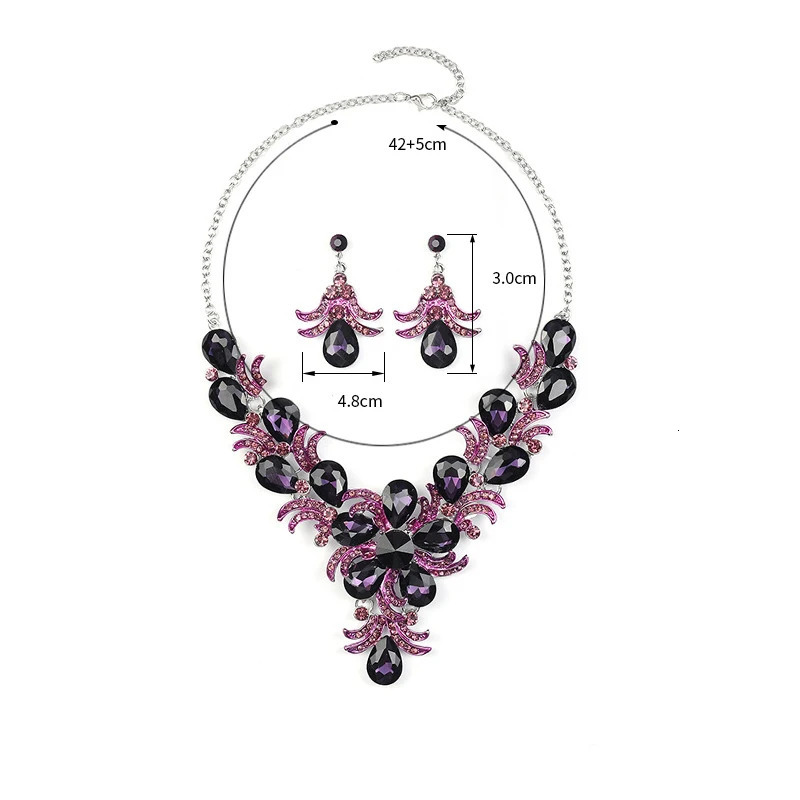Purple Jewelry Set Wholesale Wedding Accessories y Crystal Rhinestone Flower Statement Earrings and Necklace for Women 250109