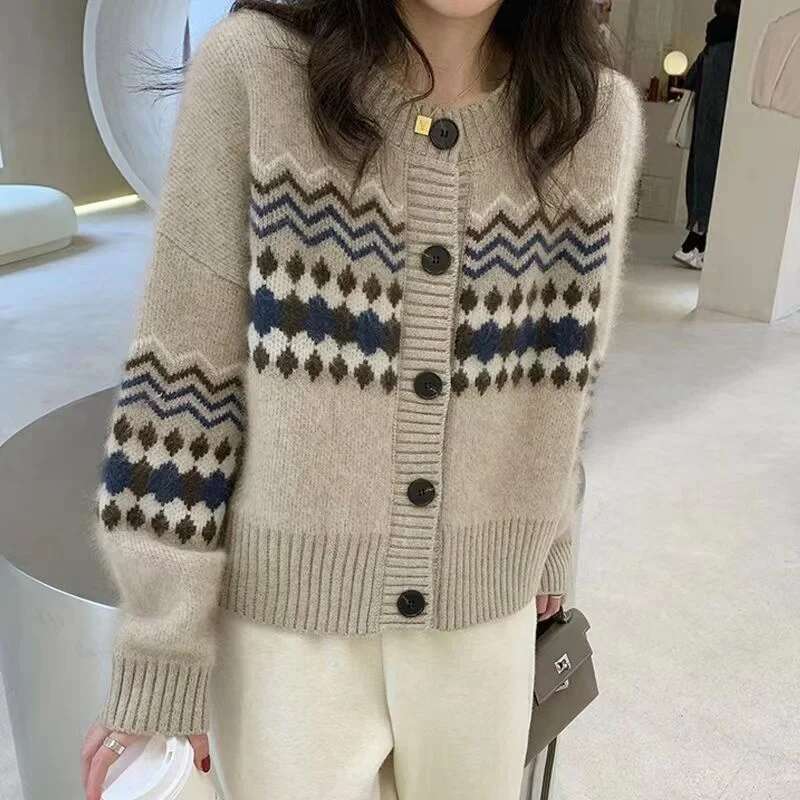 Autumn Winter Office Lady's All-Match Knitted Fair Isle Sweater O-Neck Long Sleeve Top Retro Elegant Women's Clothing Cardigan