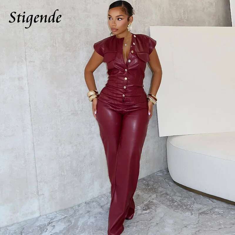 Stigende Women Button Up Wide Leg Pu Sleeveless Stretch Faux Leather Jumpsuit