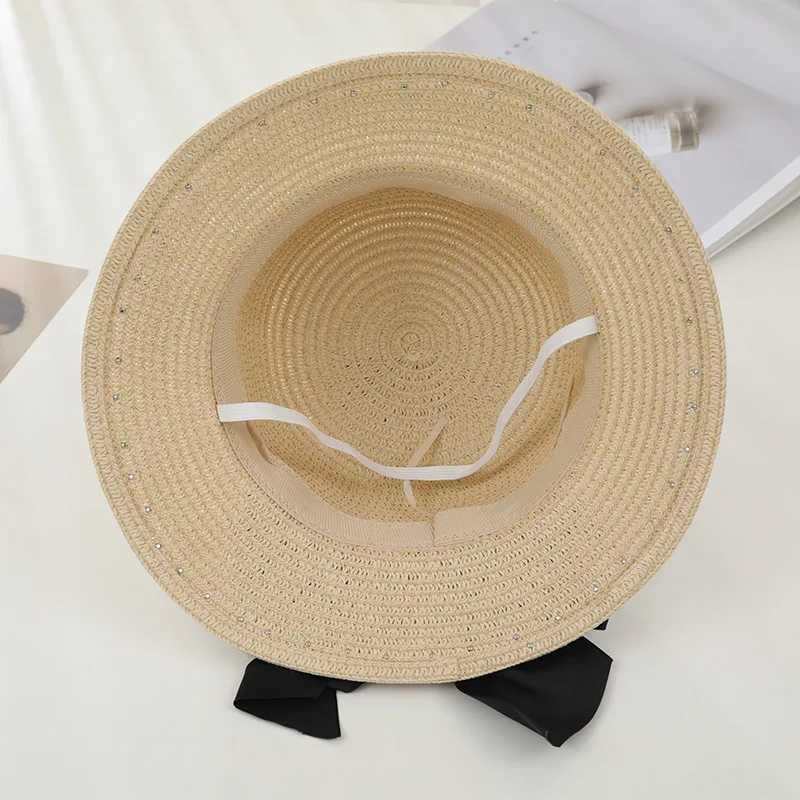 New Spring and Summer Fem Sunscreen Sun Hat Childrens Bow Beaded Hat Beach Hat Traw Hat X250109