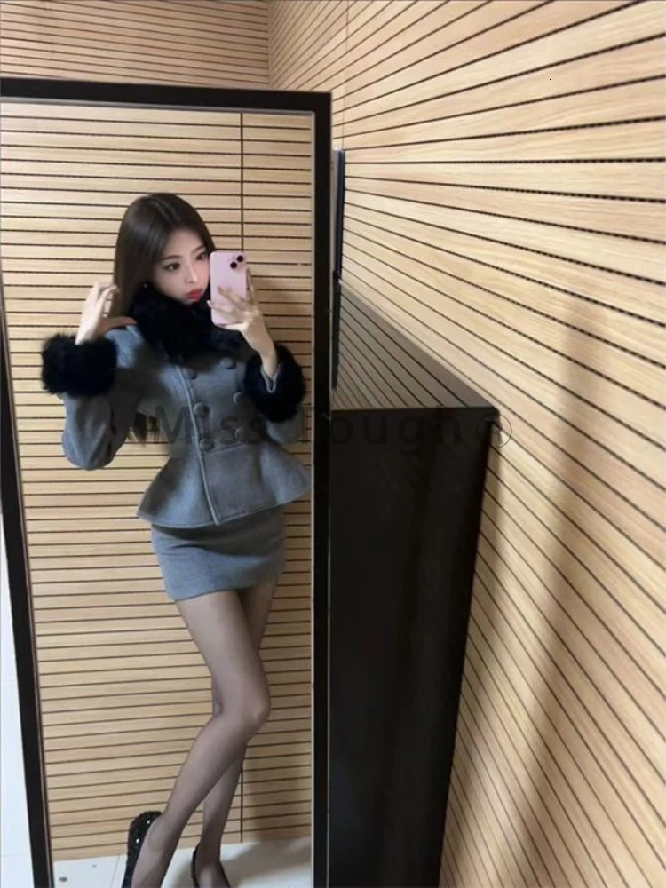 Winter Woolen Coat Collegiate Suit Woman Button Elegant Warm High Waist Retro Skirt Female Korea Style Chic Two Piece Set 250106