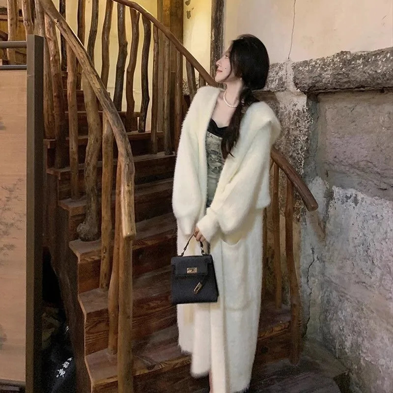 Thick hooded knitted cardigan jacket for sweater autumn and winter womens gentle lazy style knee length coat 250108