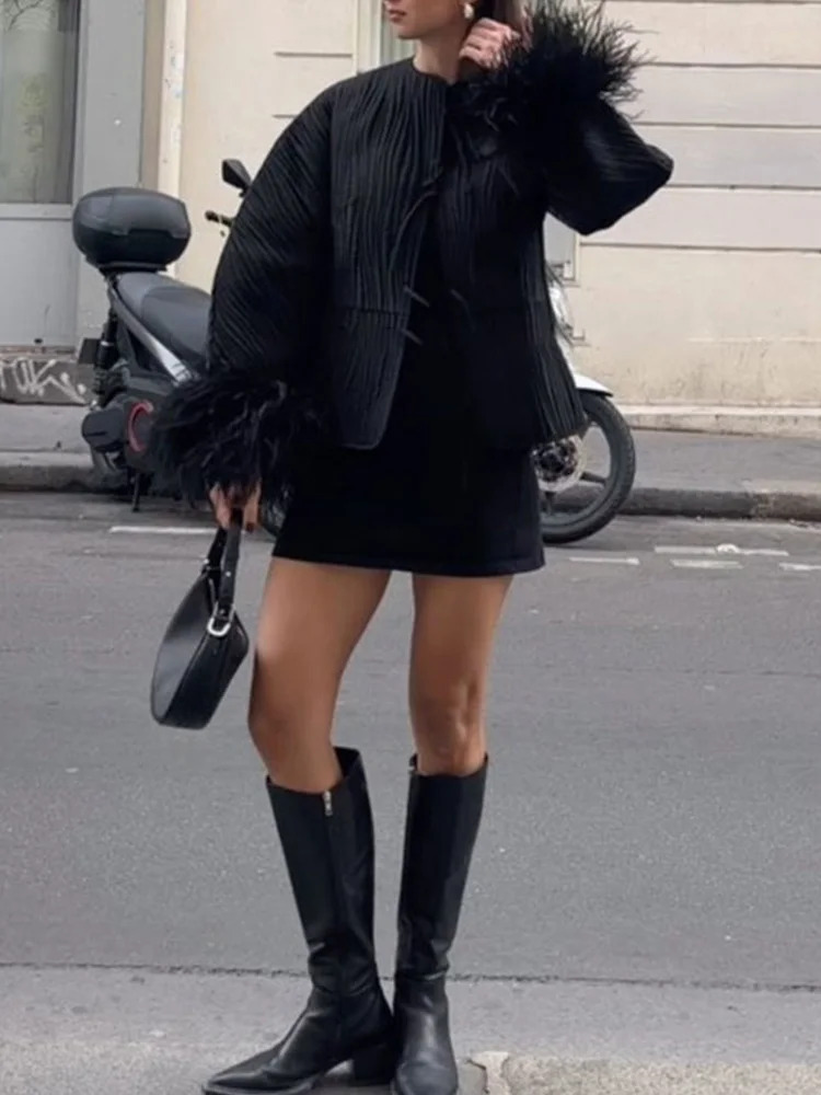 Fashion Solid Loose Spliced Feather Cuffs Lace Up Cotton Coat Streetwear O Neck Long Sleeves Jacket 2024 Autumn Winter Jackets