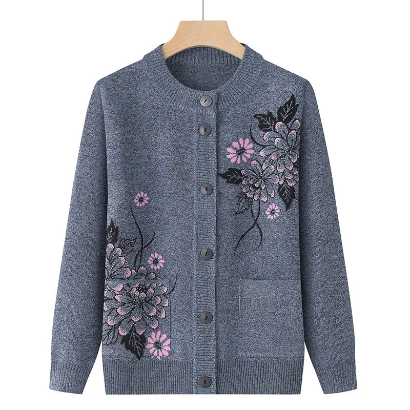 Korean Womens Clothes Knit Woolen Printed Cardigan Coat Middle Aged Mother Knitwear Tops Vintage Grandma Sweater Jacket 250108